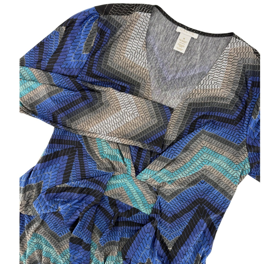 Cache Womens Blue Chevron Faux Wrap Dress Long‎ Sleeve V-Neck Geometric Midi M